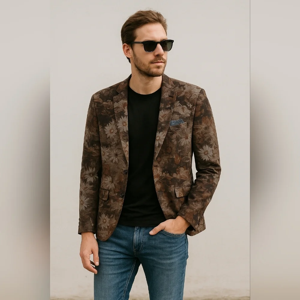Lanzino Floral Patterned Brown Blazer